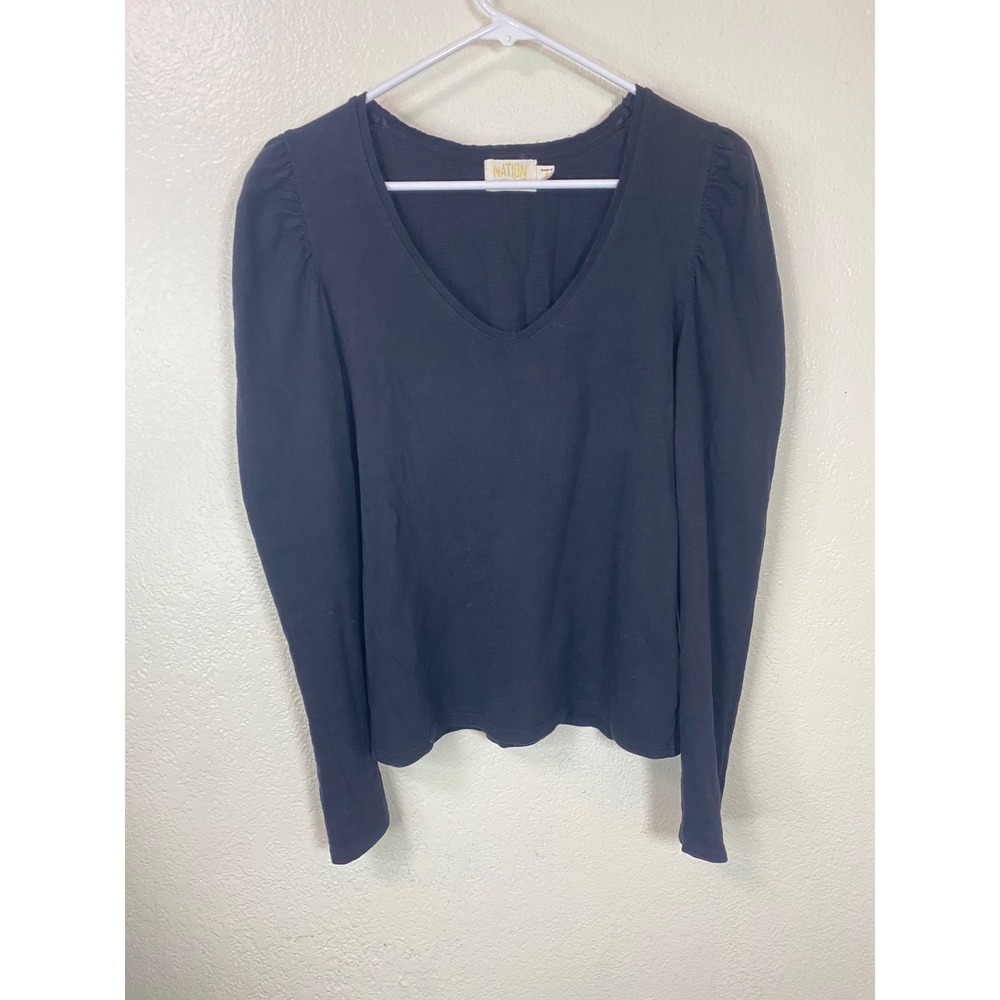 Nation LTD‎ Black Puffed Shoulder V Neck Long Sleeve Jersey Top Womens Small